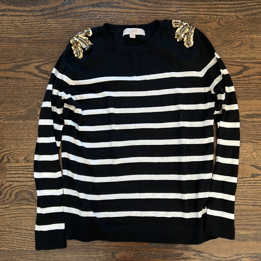 LOFT sequin shoulder striped sweater Small
